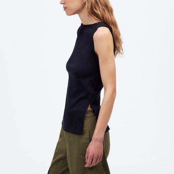 Madewell Sleeveless Boatneck Stretch Cotton Blend Side Slit Tee Black Size S NWT - Picture 3 of 8